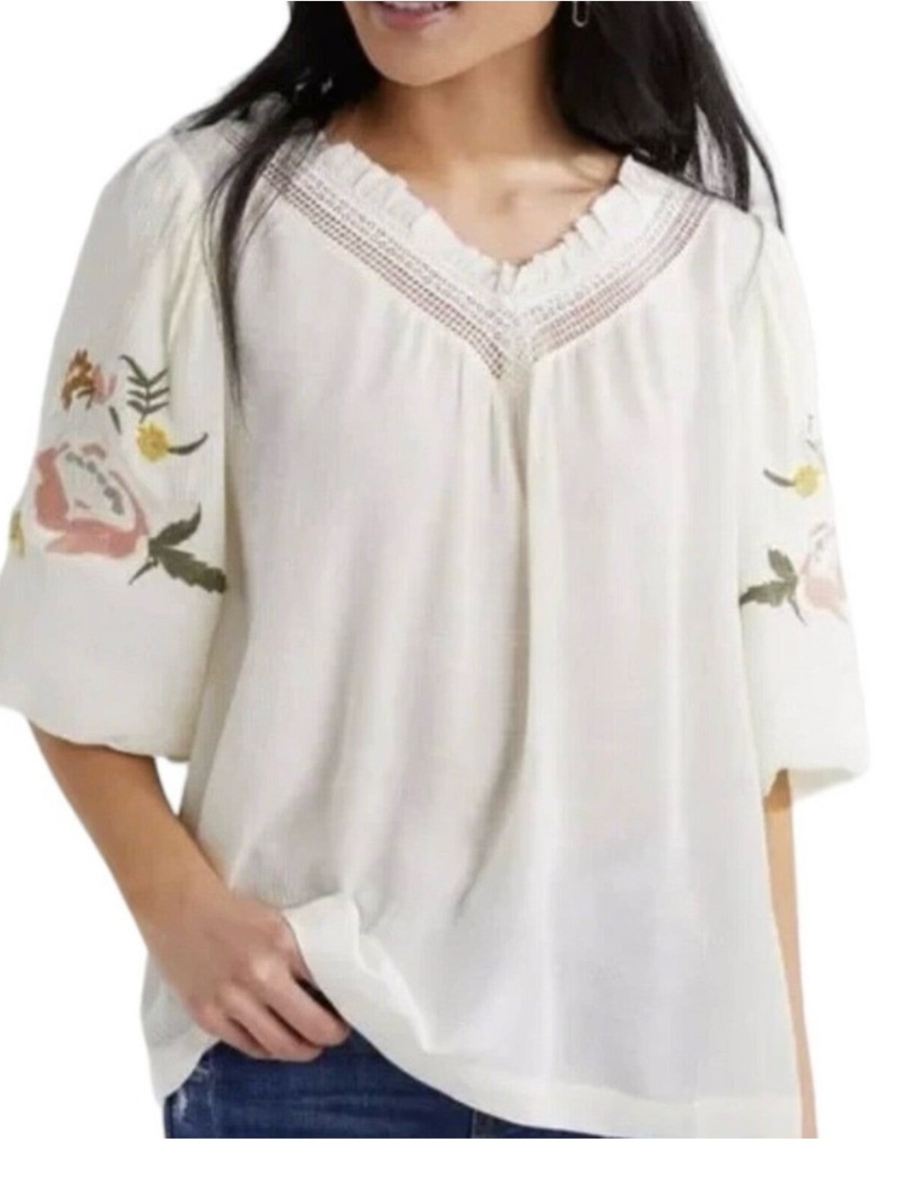 Hayden Cream V-Neck Embroidered Peasant Tunic